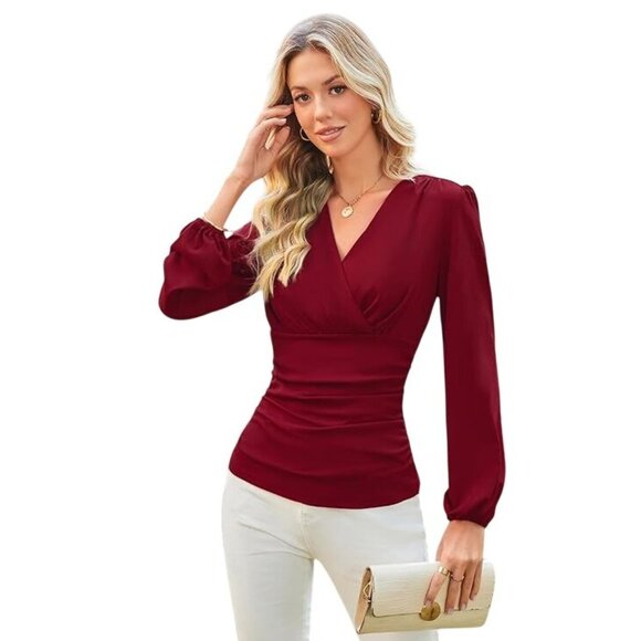 Grace Karin Wrap Blouse Size Medium Wine Red V Neck Long Sleeve Ruched Top - Picture 2 of 3